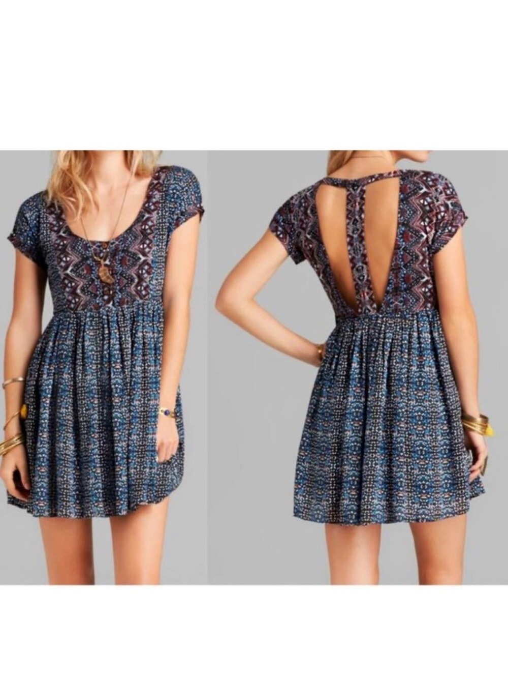 FREE PEOPLE Sz S Babydoll Dress Buttons Cutouts In Back Boho